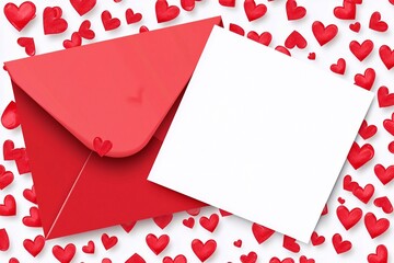 White blank greeting card with red envelope vector, and red hearts.