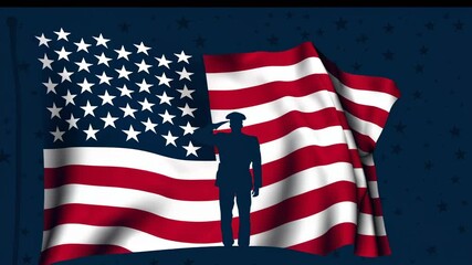 United states soldier silhouette saluting a waving american flag on a dark blue starry background, ideal for veterans day, memorial day or independence day