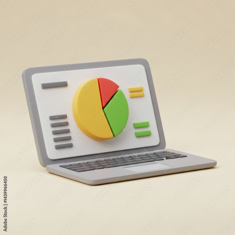 Poster stylized laptop displaying a colorful pie chart illustrating financial data analysis in a contempora