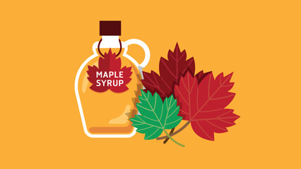 illustration of a maple syrup bottle featuring a Canadian maple leaf symbol, representing Canadian culture, traditional breakfast, and natural sweet
