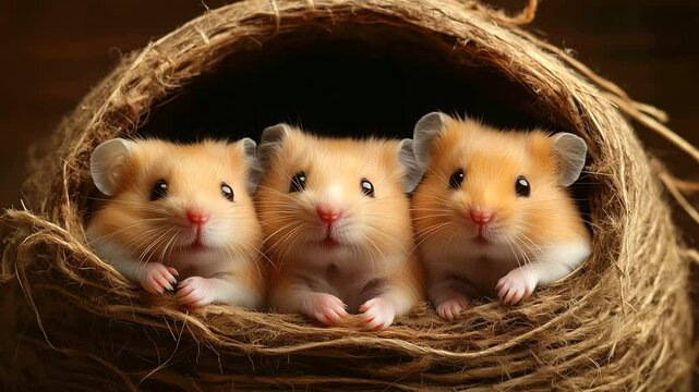 Charming image of hamsters nestled in a wheel with little paws tucked under, appearing content and secure. Close-up reveals fine detail in fur and facial expressions.