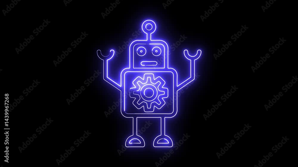 Poster glowing neon robot icon animation on black background cybernetic automation concept technology futur