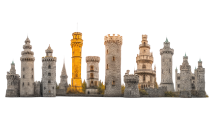 Architectural Ensemble: A collection of diverse, impressive towers, standing tall against a backdrop of an ethereal atmosphere. Displaying a rich tapestry of historical eras and architectural styles.
