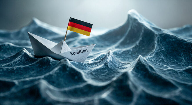 Papierboot mit Deutschlandflagge und Schriftzug Koalition auf st&uuml;rmischer See