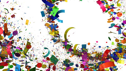 Vibrant festive backdrop of colorful confetti and ribbons, ideal for celebrations and events.