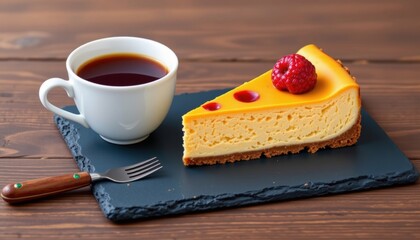 Flat vector style depiction of slice of cheesecake placed beside a teacup on a slate serving board in colorful composition