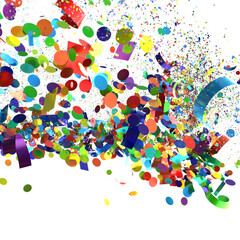 Vibrant confetti bursts across white background. Perfect for celebrations, parties, and festive designs.