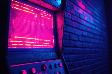 Retro arcade machine with a vibrant pink LED display against a brick wall in neon lighting.