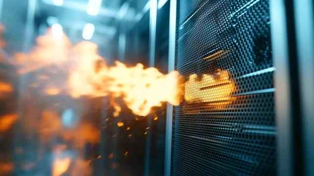 Close-up of a server rack on fire inside a data center, the intense heat distorting the surrounding air. Flames and smoke threaten to destroy the vital infrastructure, signaling a