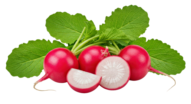 Ripe Radish Bunch Leaves Sliced Juicy Interior Isolated Transparent Background PNG Fresh Crisp Detail