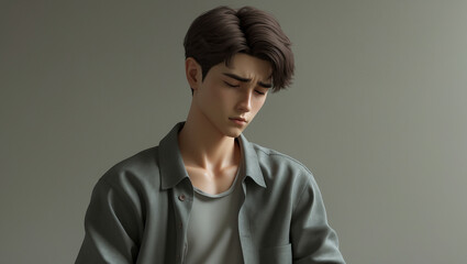 Fototapeta premium A young man with dark hair looks down sombrely