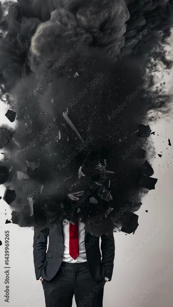 Poster surreal image depicting a businessman's head exploding into black smoke and debris, representing str