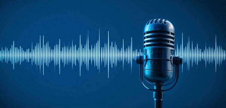 Blue microphone with audio waveform on blue background, recording studio, broadcasting or podcasting banner.