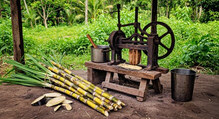 Sugarcane Juice Preparation Vintage Manual Juicer Fresh Stalks Rustic Tropical Background Vibrant Setup