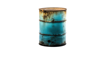 Rusty Blue Oil Barrel: A weathered, blue oil barrel, showcasing signs of wear and rust, stands isolated against a crisp white backdrop, capturing the essence of industrial decay.  
