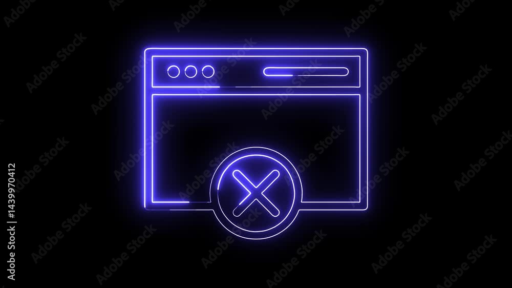 Poster neon browser window with cross mark animation on black background
