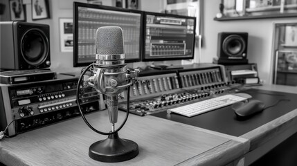 Professional recording studio interior, microphone, mixing desk, audio equipment.  Possible use Stock photo for music production articles, websites, or social media posts