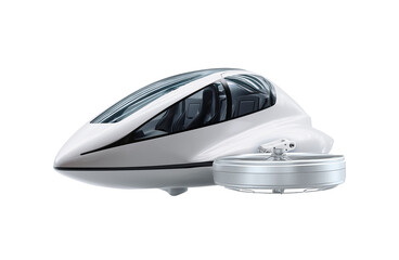 A futuristic lightweight flying passenger drone with aerodynamic body, transparent canopy, and luxurious interior seats. Concept of modern personal air transport and innovative urban mobility.