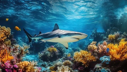 Fototapeta premium A shark swimming above a vibrant coral reef in the deep-blue ocean with tropical fish.