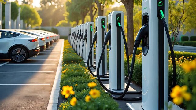 Row of modern electric vehicle charging stations lined with white cars in a clean, landscaped parking lot with flowers and morning sunlight

