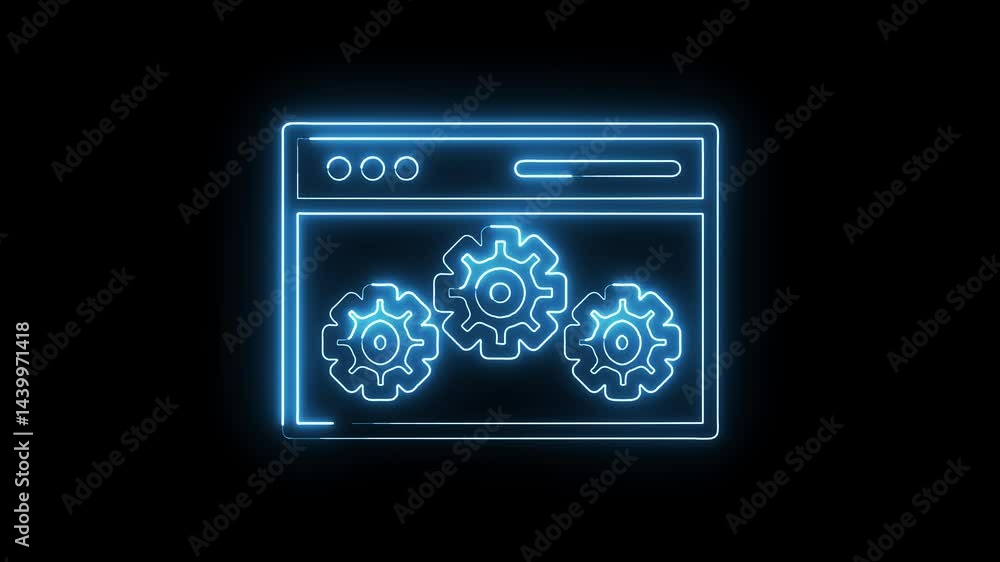 Poster neon style website interface with gears animation for digital technology and settings visualization