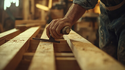 Carpenter Using Chisel on Wooden Planks