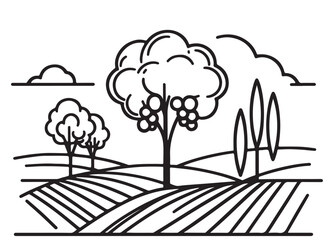 vine plantation hills, trees, clouds on the horizon vector illustration, sketch, silhouette