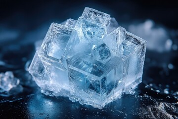 Macro photograph of a large, translucent blue salt crystal cluster with intricate facets.