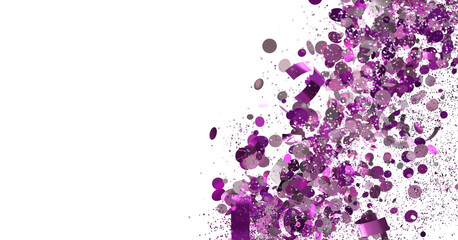 Festive purple confetti explosion on white. Perfect for party invitations, celebrations, and more.