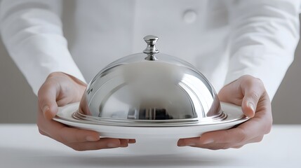 Silver Cloche Revelation: A close-up perspective showcases hands delicately presenting a silver cloche atop a pristine white plate, offering a glimpse of culinary anticipation.