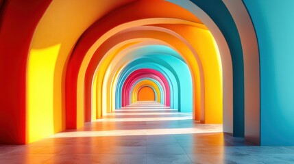 Vibrant arched hallway with bold colors offering an abstract architectural view