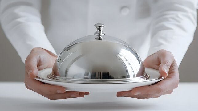 Silver Cloche Revelation: A close-up perspective showcases hands delicately presenting a silver cloche atop a pristine white plate, offering a glimpse of culinary anticipation.