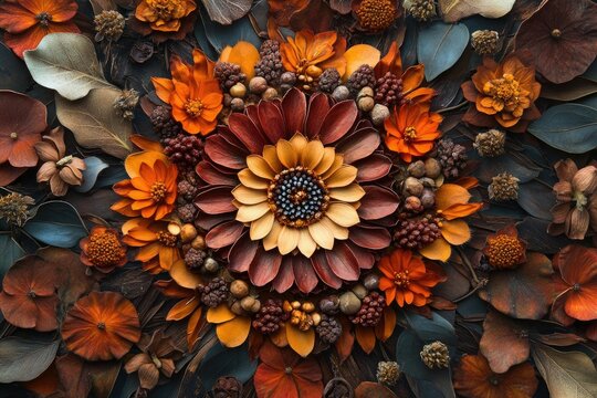 A breathtaking autumnal floral arrangement, showcasing dried flowers and leaves in warm, earthy tones. - Powered by Adobe