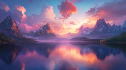 Mountain lake sunset scenic landscape reflection