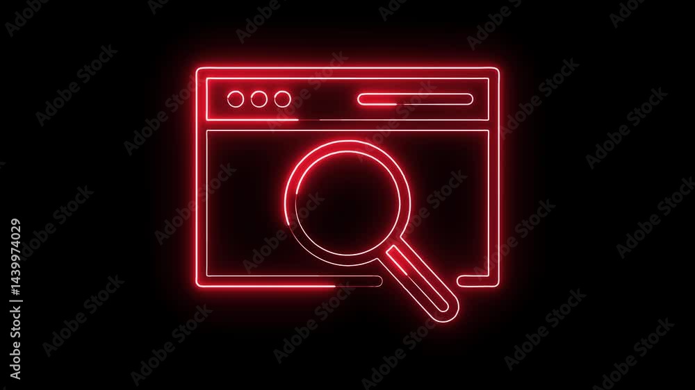 Poster neon search icon over web browser window concept animation