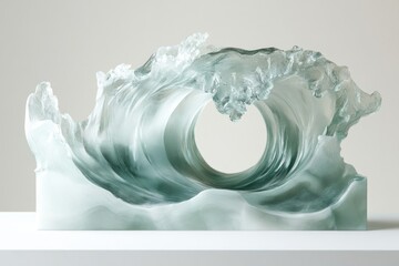 A captivating glass sculpture depicting a crashing ocean wave, its translucent form creating a mesmerizing visual effect.