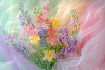 Pastel-colored flowers bouquet delicately arranged on a sheer fabric backdrop.