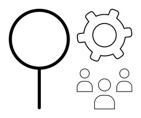 Magnifying glass, gearwheel, and user icons highlight teamwork, analytics, innovation, and process optimization. Ideal for business strategy, HR, technology collaboration research management flat