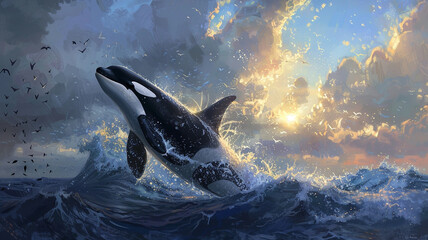 Magnificent orca breaching ocean waves at sunset. Powerful and intelligent marine mammal.