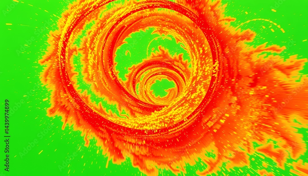 Poster abstract spiraling orange and yellow vortex with particle effects isolated on green screen backgroun