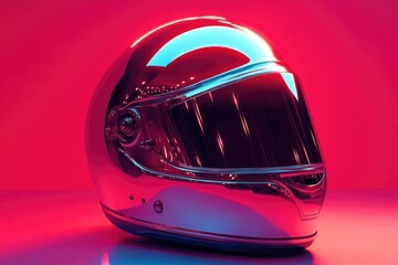 Fototapeta premium Chrome motorcycle helmet in vibrant pink and blue neon light, reflecting futuristic style.