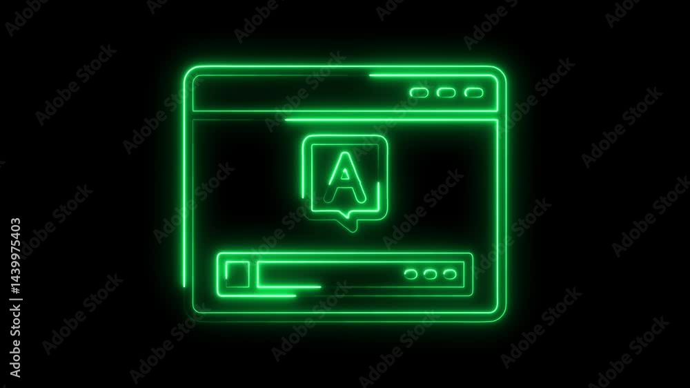 Poster neon browser window with letter a and loading bar animation