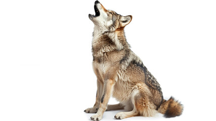 A gray wolf sitting and howling upwards, isolated on a white background. Wild and vocal canine.