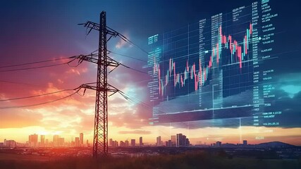 Power Lines Tower At Sunset With Digital Financial Charts Over City Horizon - Powered by Adobe