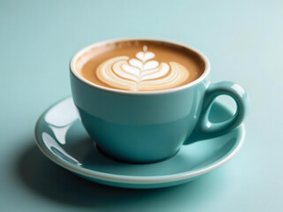 Artistic Latte Art in a Turquoise Cup on a Matching Saucer, Stylish Presentation
