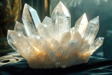 A cluster of translucent quartz crystals, illuminated, showcasing their sharp points and internal structure.