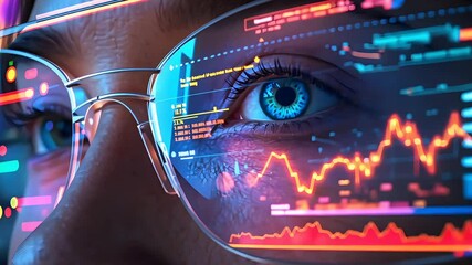 Close-up of woman's eye reflecting digital stock market charts and data analysis on glasses in futuristic financial technology interface
- Powered by Adobe