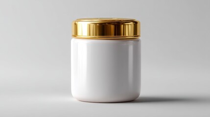 Elegant white jar with a golden lid, rendered in a clean studio style against a white backdrop.