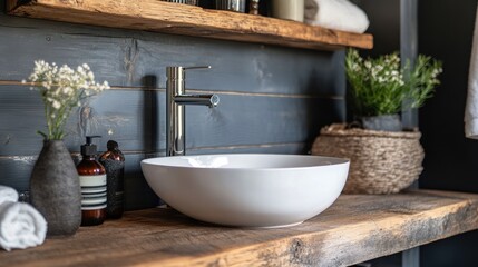 Rustic bathroom sink, wood shelves, plants