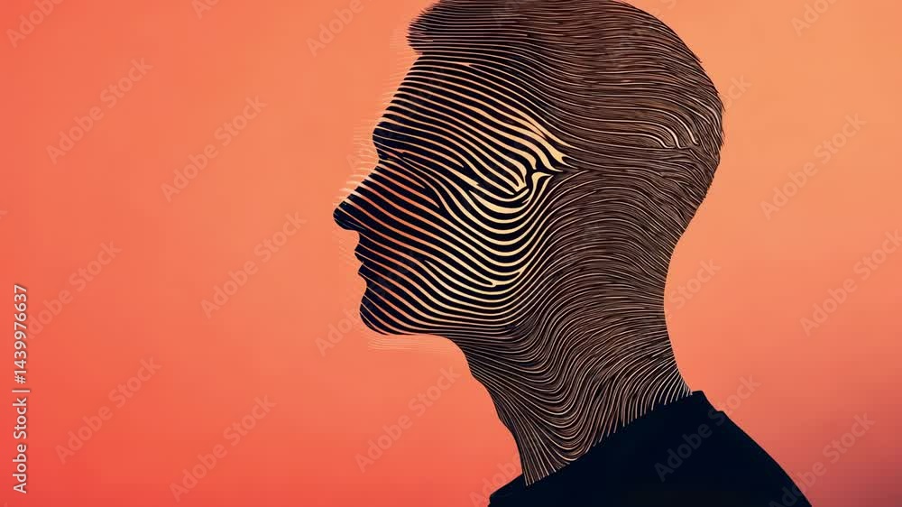 Poster Profile of a man with wavy lines transforming on an orange background, creating an artistic and abstract representation of identity, emotion, or thought process